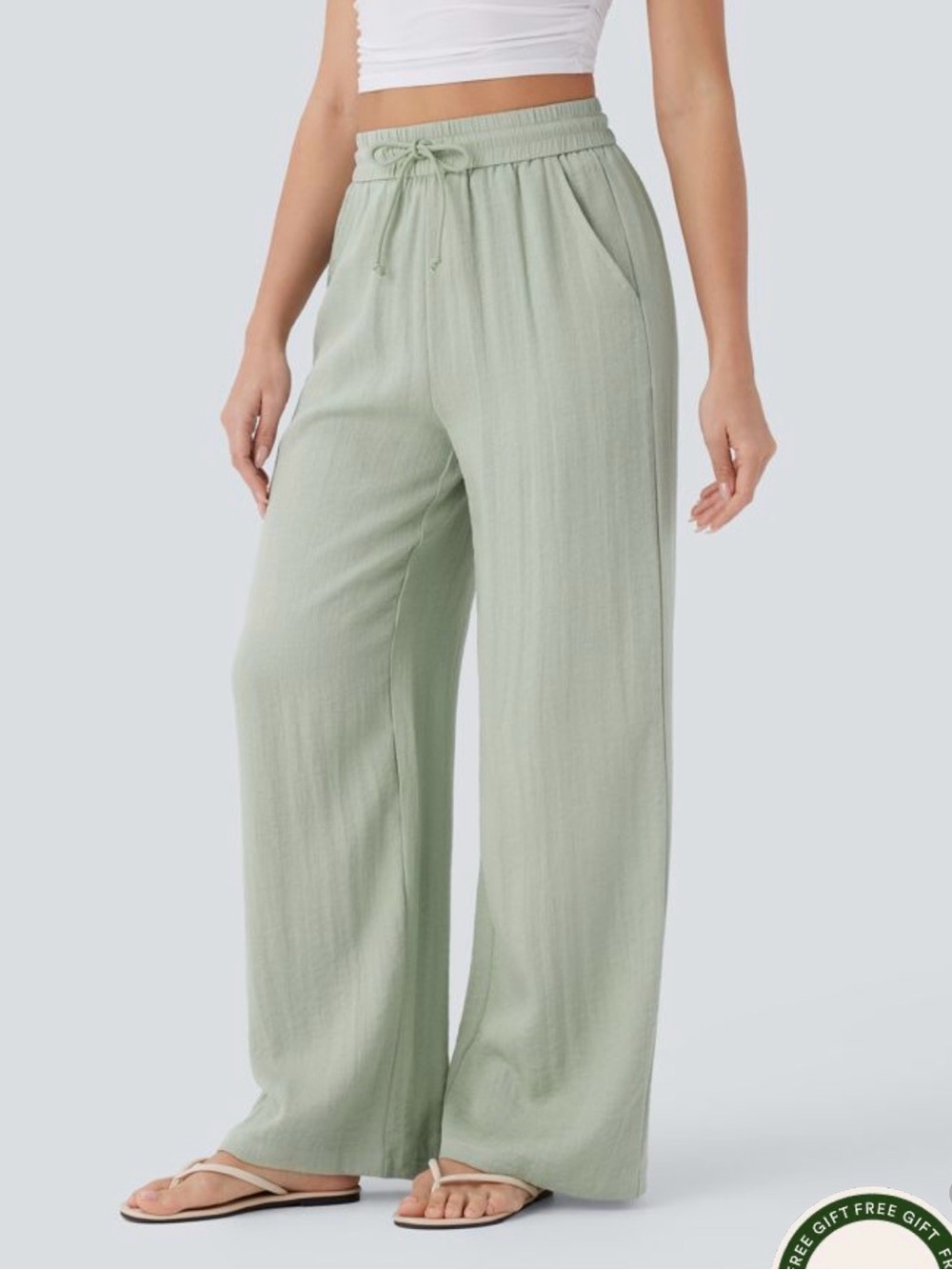 HALARA Sage Green High Waisted Wide-Leg Linen Feel Drawstring Pants